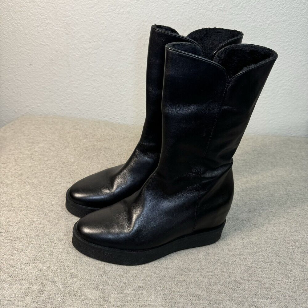 Ma Lo Boots Women 40 Black Italian Leather Fur Lined Wedge Heel Platform Luxury